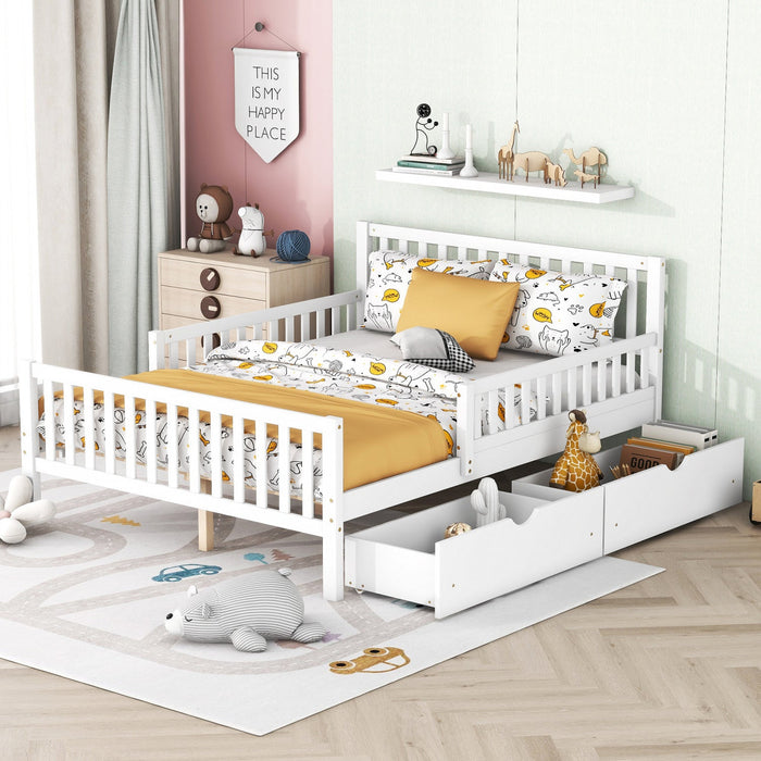 Emma Wood Platform Bed with Guardrails and Storage Drawers,Full Size - White 