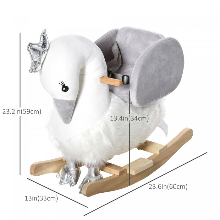 Qaba Kids Wooden Rocking Horse Swan Baby Rocking Chair Plush Ride On Swan With Sounds, Wooden Base F