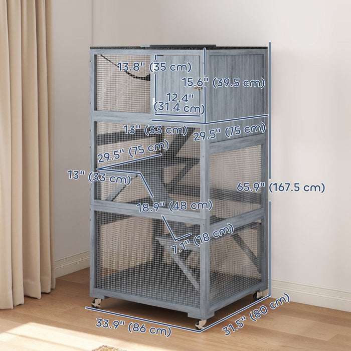 PawHut 66"H Catio on Brake Wheel, Indoor Outdoor Cat Enclosure Cage with Weatherproof Roof Hammock Multiple Platforms Resting Condo Ramps Lockable Doors, for 1-3 Cats, Grey