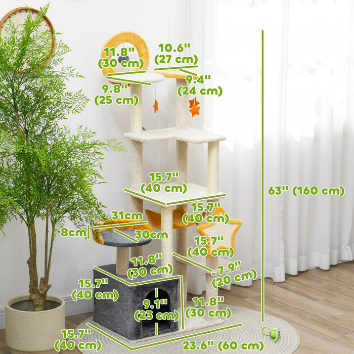 Pawhut Cat Tower, 63 Inch Cat Tree For Large Cats Adult With Cat Scratching Posts, Cat Condo, Bed, S