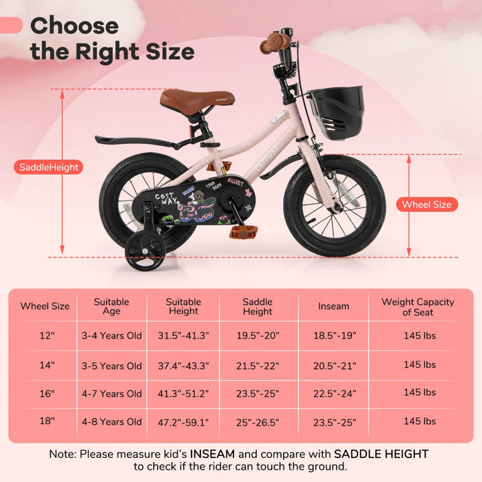 Costway 12" Kid's Bike With Training Wheels Adjustable Handlebar & Seat Handbrake Pink
