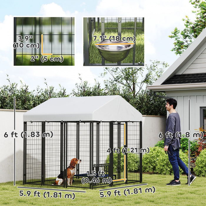 Pawhut 6' X 6' X 6' Dog Run Outdoor, Large Outdoor Dog Kennel Welded Wire Steel Fence With Uv-resistant & Waterproof Cover, Rotating & Adjustable Bowls, Secure Lock, Silver
