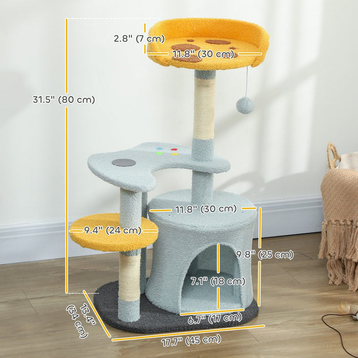 PawHut Cat Tree, 31.5 inch Cat Tower for Indoor Cats with Plush Perch, Gamepad Shaped Platform, Condo, Sisal Scratching Post and Toy Ball, Blue