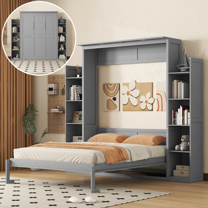 Glenn Engineered Wood Murphy Bed With Shelves And Led Lighting, Queen Size - Grey 