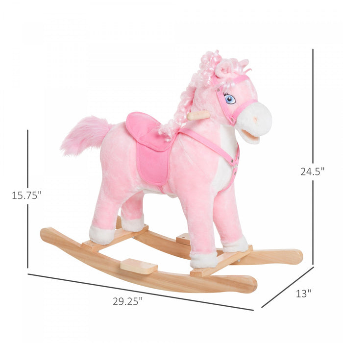 Qaba Kids Plush Rocking Horse Child Ride On Toy Rocker With Realistic Sounds Pink