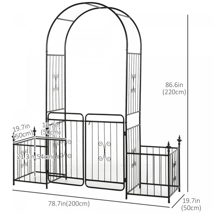 Outsunny 7.2ft Metal Garden Arbor Arch With Double Doors, 2 Side Planter Baskets, Climbing Vine Fram