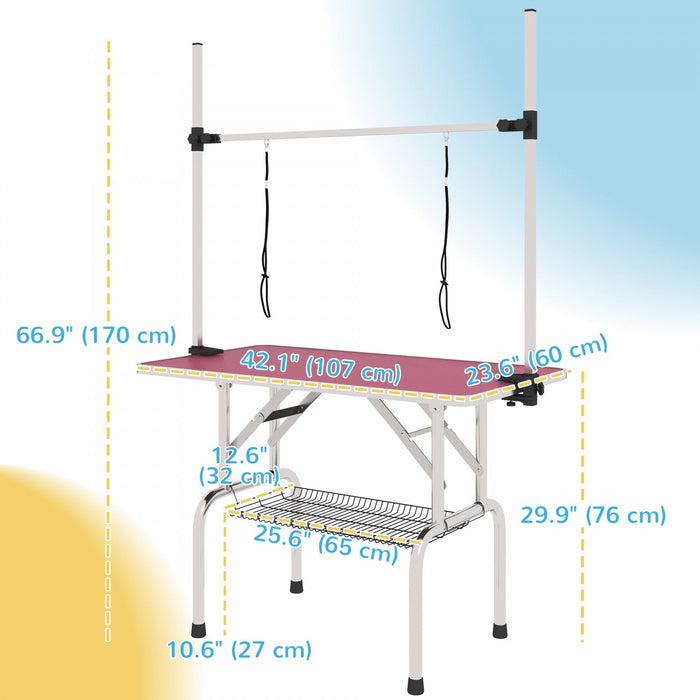 Pawhut Adjustable Dog Grooming Table Rubber Top 2 Safety Slings Mesh Storage Basket Heavy Metal Pink