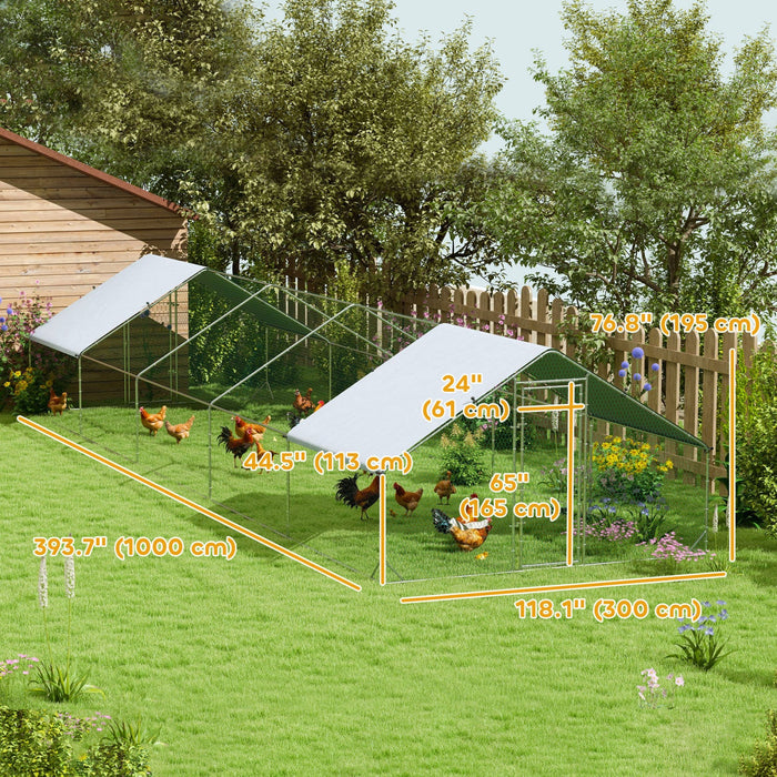 Pawhut Metal Chicken Coop, Walk-in Large Chicken Run, Poultry Cage For 30-40 Hen, Duck, Rabbit With Water- And Uv-protection Cover, For Backyard, Garden, 9.8' X 32.8' X 6.4'