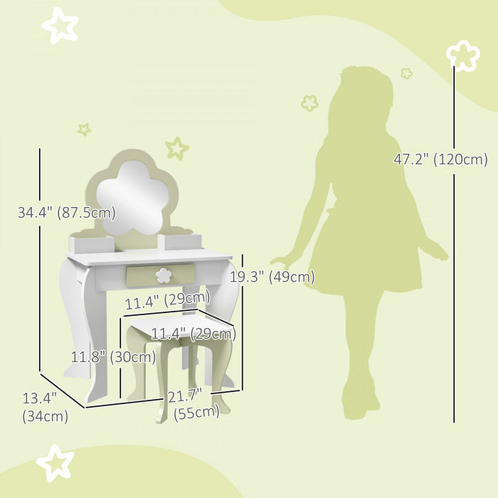 Qaba Kids Vanity Set With Mirror And Stool, Makeup Vanity Table For Children 3-6 Years Old, With Dra