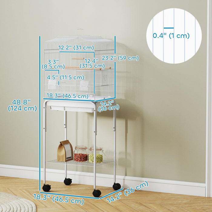 Pawhut 49" Bird Cage For Finches, Canaries, Budgies, Parrot Cage With Accessories, Wheels, Detachable Stand, Storage, White