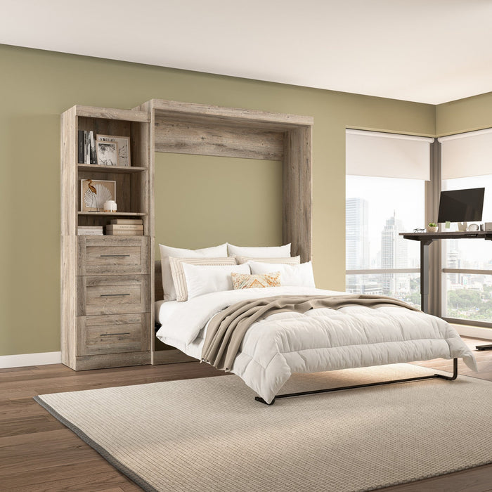 Bestar Pur Queen Murphy Shelving Unit with Drawers 90-Inch Wall Bed - Rustic Brown