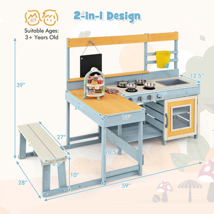 Costway Mud Kitchen With Kids Picnic Table Built-in Bench Blackboard Water Box Sink