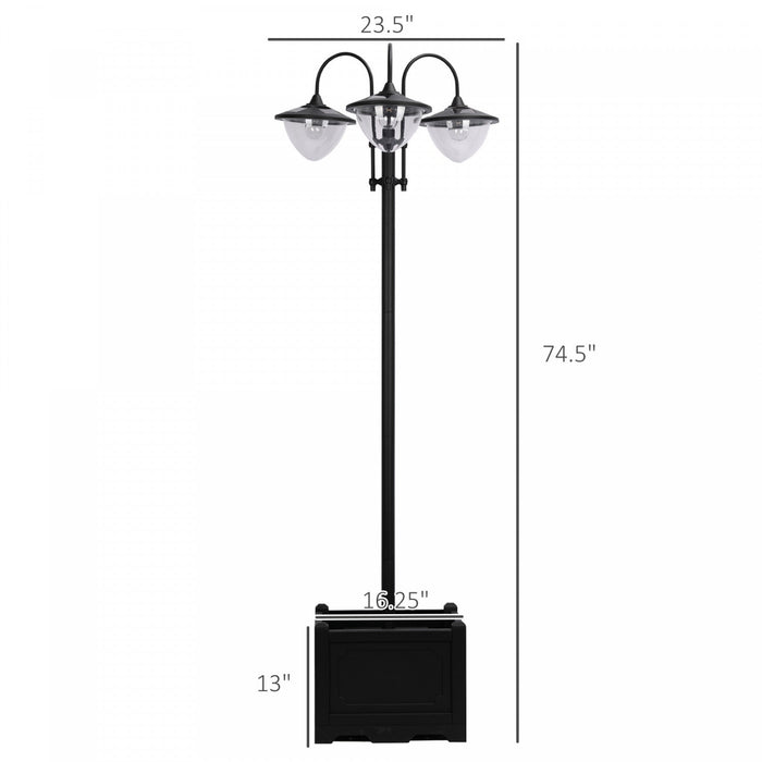 Outsunny 3-head LED Solar Light Lamp Street Light Post With Planter, Solar-powered Lamp Post, Black
