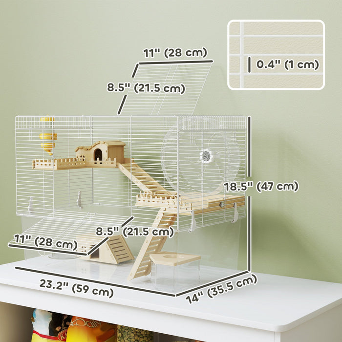 Pawhut Hamster Cage, Transparent Small Animal House With Deep Bottom, Wooden Ramp, Hut, Bathroom And Exercise Wheel For Hamster And Gerbil, 23.2" L X 14" W X 18.5" H, Two Huts
