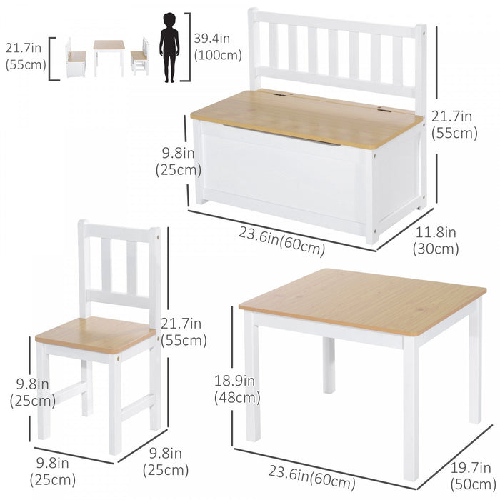Qaba 4-piece Set Kids Wood Table Chair Bench With Storage Function Easy To Clean Gift For Girls Boys