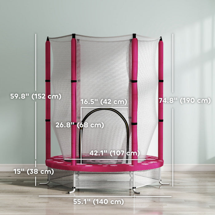 Qaba 55" Trampoline for Kids, Toddler Trampoline with Safety Enclosure, for Jumping and Playing, Indoor Outdoor Use, Ages 3-6 Years, Sun Pattern, Pink
