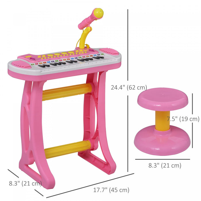 Qaba Kids Toddler Toy Piano Keyboard With Included Sitting Stool, Working Microphone, A Fun Bright F