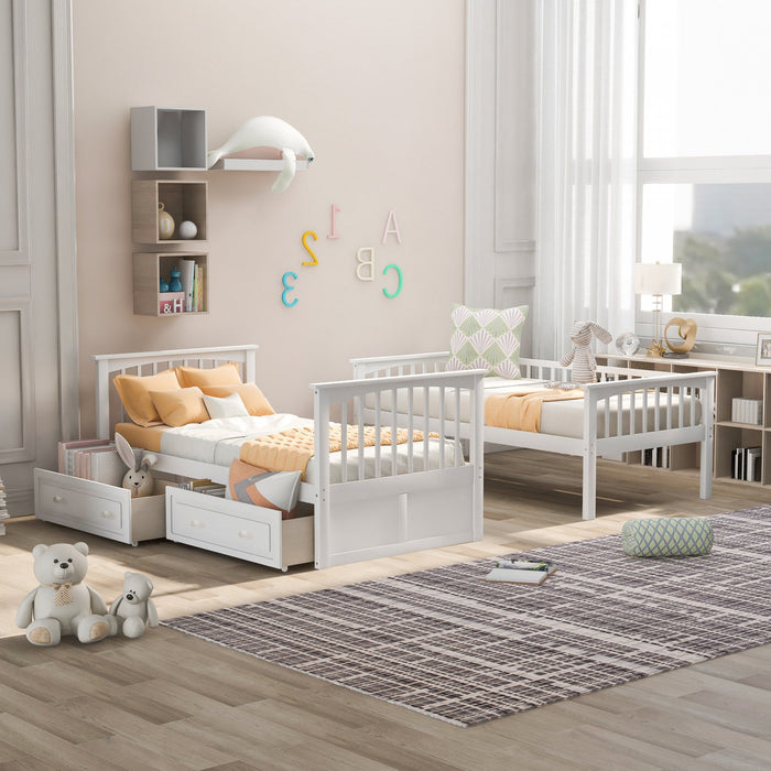 Elvis Solid Wood Convertible Bunk Bed With Drawers, Twin Size - White 