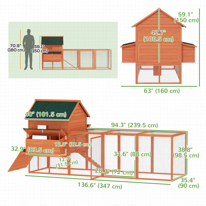PawHut 137"L Chicken Coop, Wooden Large Hen House with Chicken Run, Nesting Box, Poultry Cage for Outdoor, Backyard, Orange