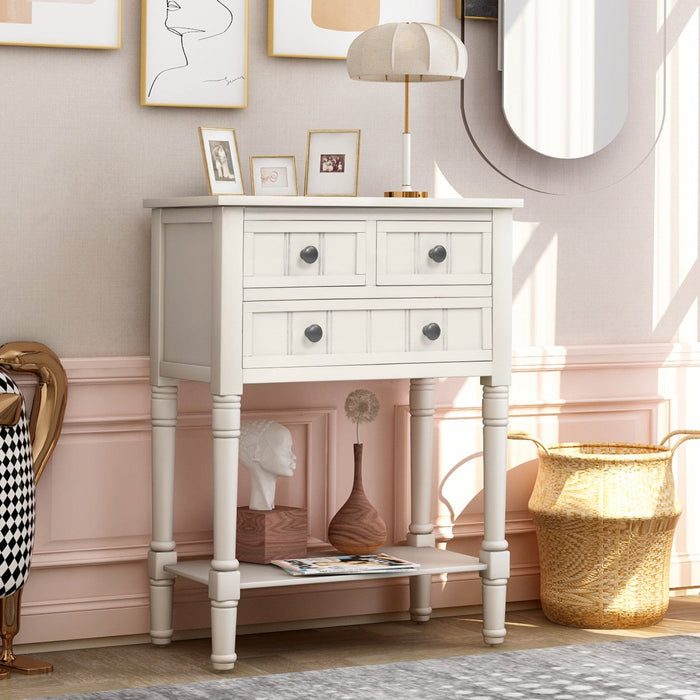 Olivia Solid Wood Console Table With Drawers And Bottom Shelf - White 
