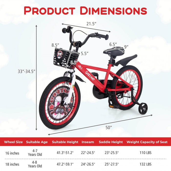 Costway 18" Kid's Bike For 4-8 With Height-adjustable Handlebar & Saddle Handbrake Red