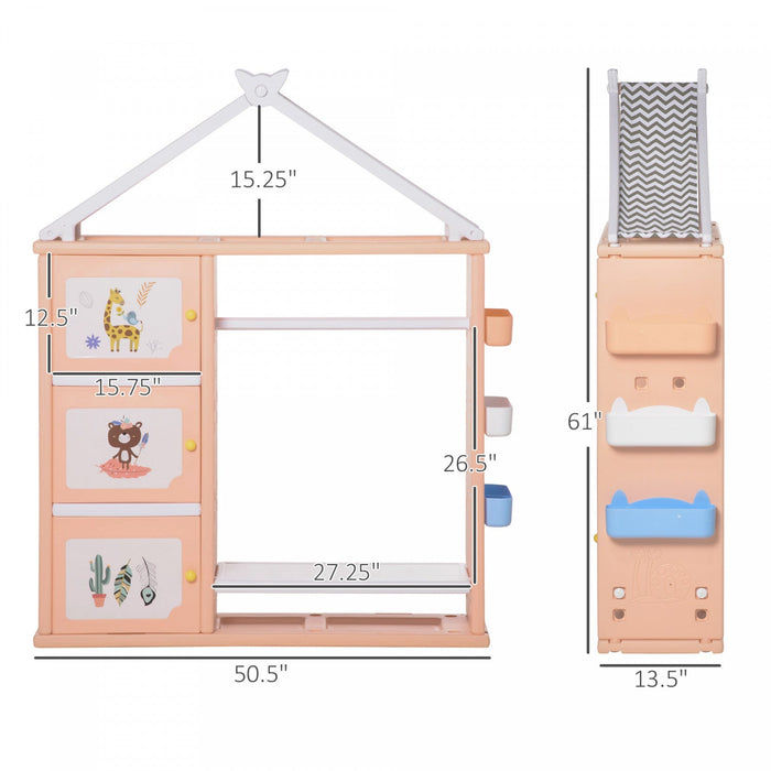 Qaba Kids Toy Organizer And Storage Book Shelf With Shelf, Storage Cabinet, Hanger, Storage Board, A