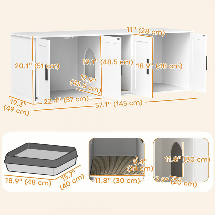 Pawhut Cat Litter Box Enclosure For 2 Cats, 145 Cm Hidden Litter Box Furniture With Double Room, Scratching Board, Indoor Cat House Washroom End Table, White