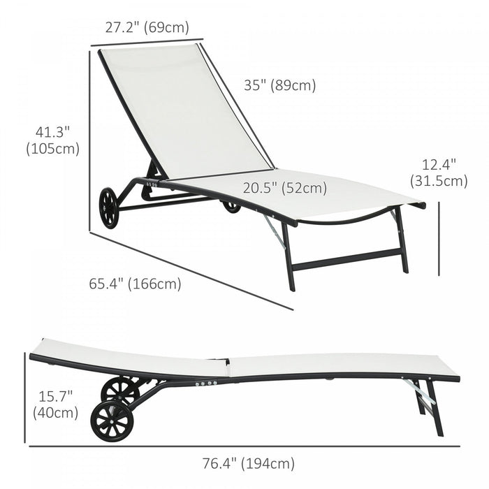 Outsunny 2pcs Lounge Chairs With Wheels, 5-level Adjustable Backrest, White