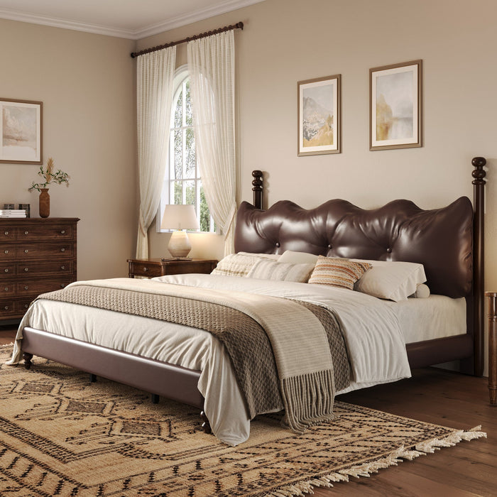 Emma Faux Leather Platform Bed Frame with Headboard,California King Size,Dark Brown King Bed  