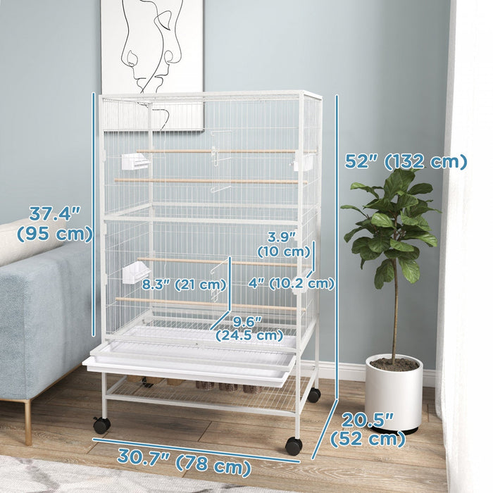 Pawhut 52" Large Rolling Steel Bird Cage Bird House With Rolling Stand, Storage Shelf, Wood Perch, Food Container, Grey