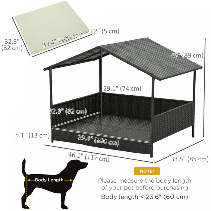 Pawhut Rattan Dog House Outdoor With Shade Canopy, Elevated Wicker Dog Bed With Soft Cushion Washabl