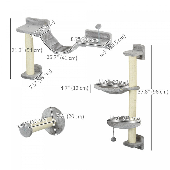 Pawhut Cat Wall Shelves, 4pcs Cat Shelves With Hammock, Scratching Post, Ladder, Steps, Platforms, T
