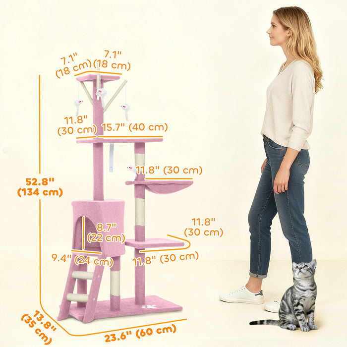 PawHut Cat Tree, 53" Cat Tower for Indoor Kittens with Sisal Scratching Posts, Plush Perches, Condo, Hammock, Ladder, Dangling Toys, Multi-Level Kitty Activity Centre, Pink