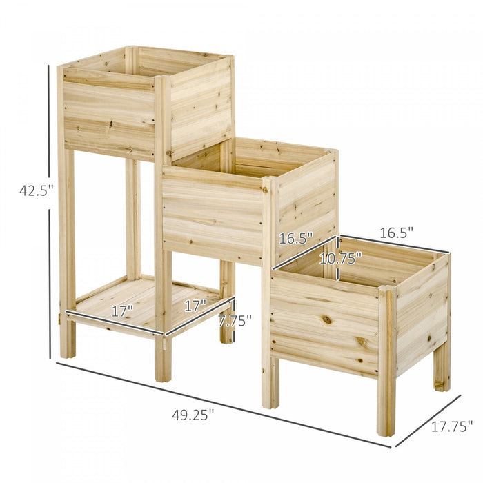 Outsunny 49'' X 18'' X 43'' 3-tier Raised Garden Bed W/ Storage Shelf And Drainage Hole, Wood Elevat