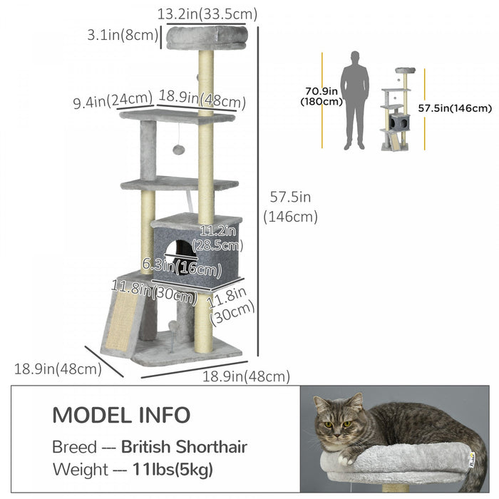Pawhut 57.5\" Cat Tree With Scratching Posts, Cat Tower With Cat Condo, Bed, Perches, Toys, Ramp, Cat