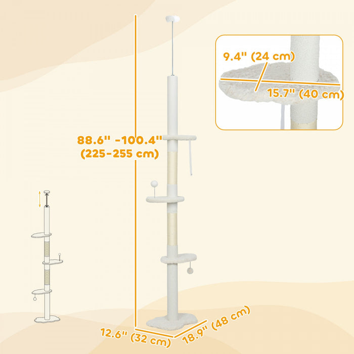 PawHut Floor to Ceiling Cat Tree with Scratching Posts, 88.5"-100.5" Adjustable Height Cat Tower with Cloud Shaped Platforms, Dangling Balls, Cream