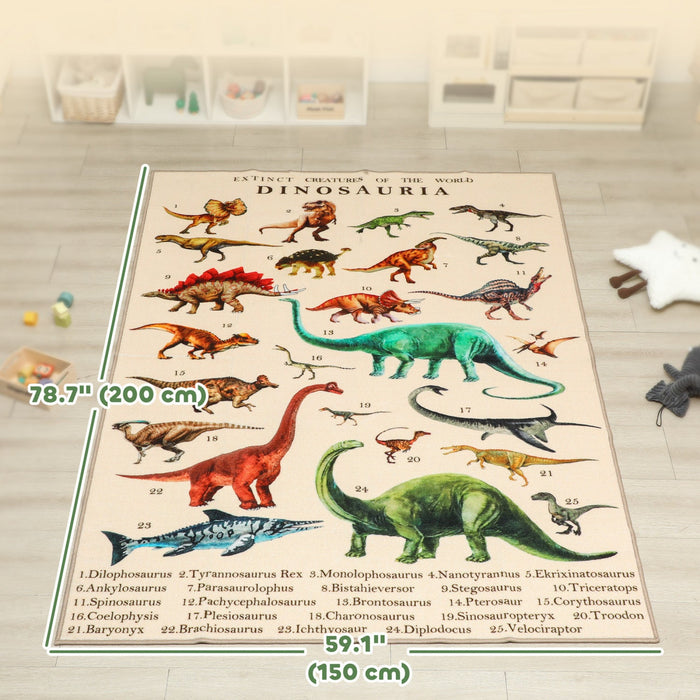 Qaba Large Play Mat, 79" x 59" Educational Polyester Crawling Mat, Non-Slip Nursery Rug, Rolls Up for Storage, for Toddlers, Living Room and Bedroom with Dinosaur Pattern, Khaki