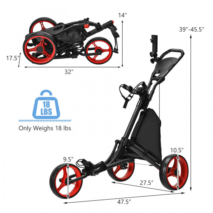 Goplus Folding 3 Wheels Golf Push Cart W/bag Scoreboard Adjustable Handle Red