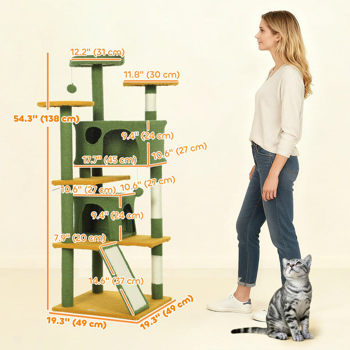 PawHut 54" Cat Tree, Cat Tower for Indoor Cats with Scratching Posts, Cat Condos, Bed, Platforms, Ramp, Toy Ball, Cat Activity Center, Green
