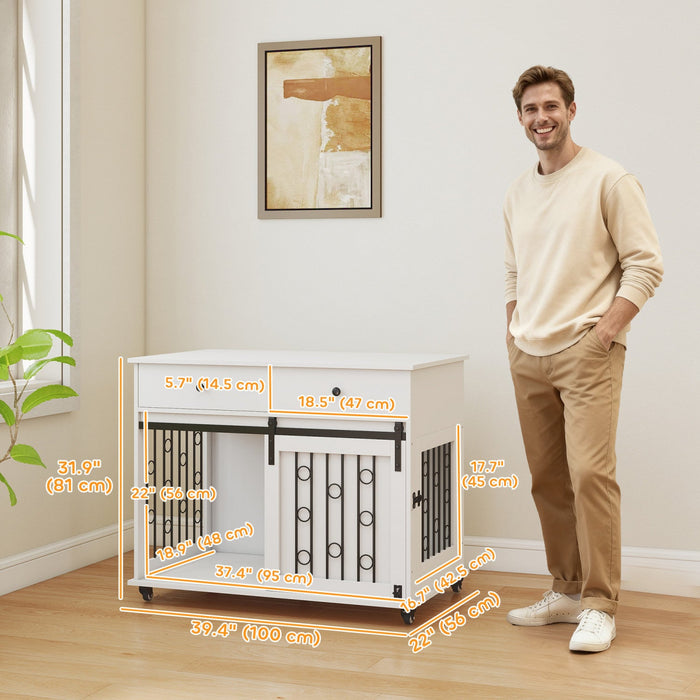 PawHut Dog Crate Furniture, 39" Dog Kennel Indoor with 2 Storage Drawers, Wheels, Sliding Door, Decorative End Side Table Pet House Cage for Medium and Large Breeds, White