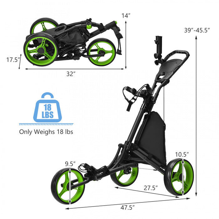Goplus Folding 3 Wheels Golf Push Cart W/bag Scoreboard Adjustable Handle Green