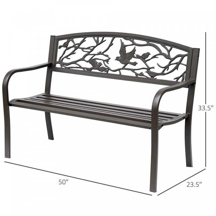 Outsunny 50" Outdoor Metal Garden Bench With Vintage Bird Pattern, Brown