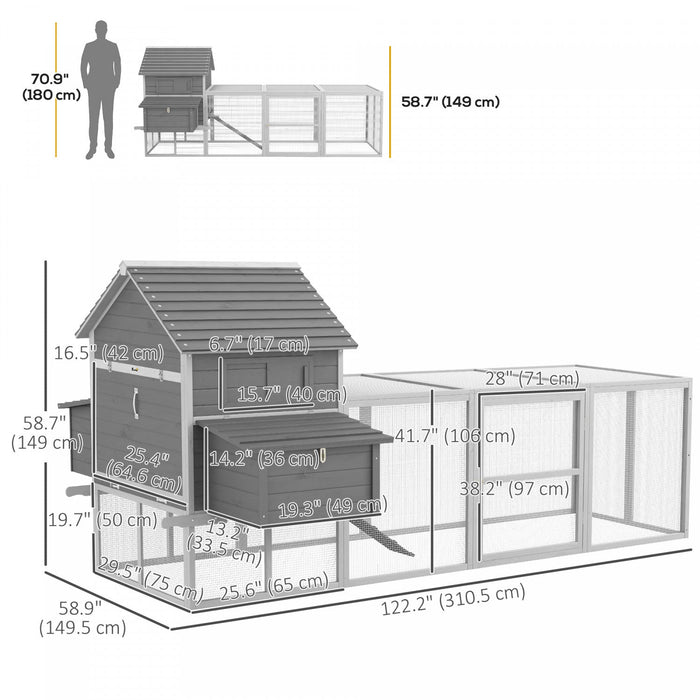 Pawhut Extra Large Chicken Coop, Wooden Chicken Run With Nesting Boxes, Run, Doors, Tray, Ramp For 4