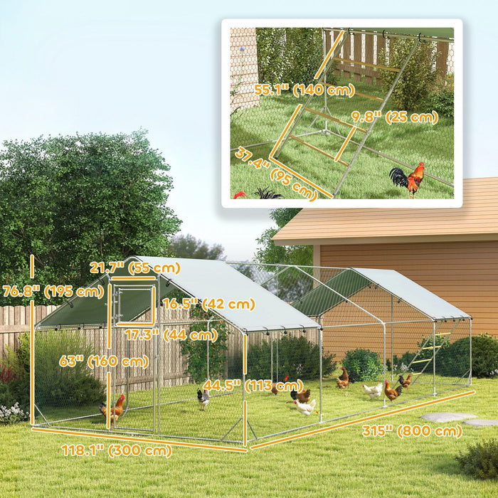 Pawhut Chicken Run, Large Metal Chicken Coop With Feeding Door, Waterproof & Uv-resistant Cover, Hanging Feeder, Perch, Poultry Cage For Outdoor, Backyard, Farm, For 24-30 Poultry