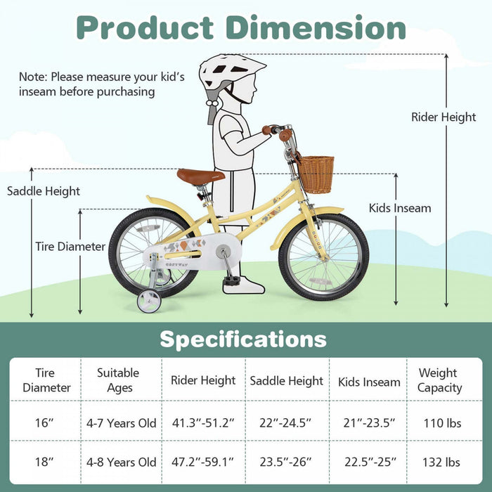 Costway 18" Kids Bike With Height Adjustable Handlebar Seat Basket Bell Training Wheels Yellow