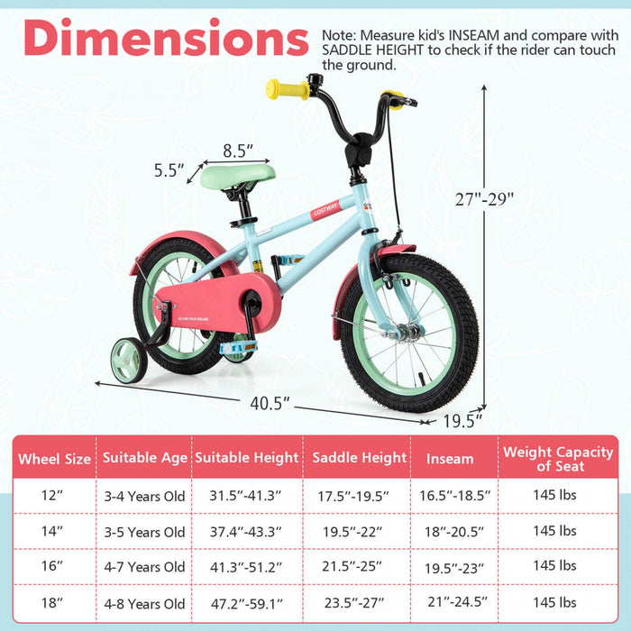 Costway 14" Kids Bike With Adjustable Saddle Handlebar Removable Training Wheels Handbrake Red