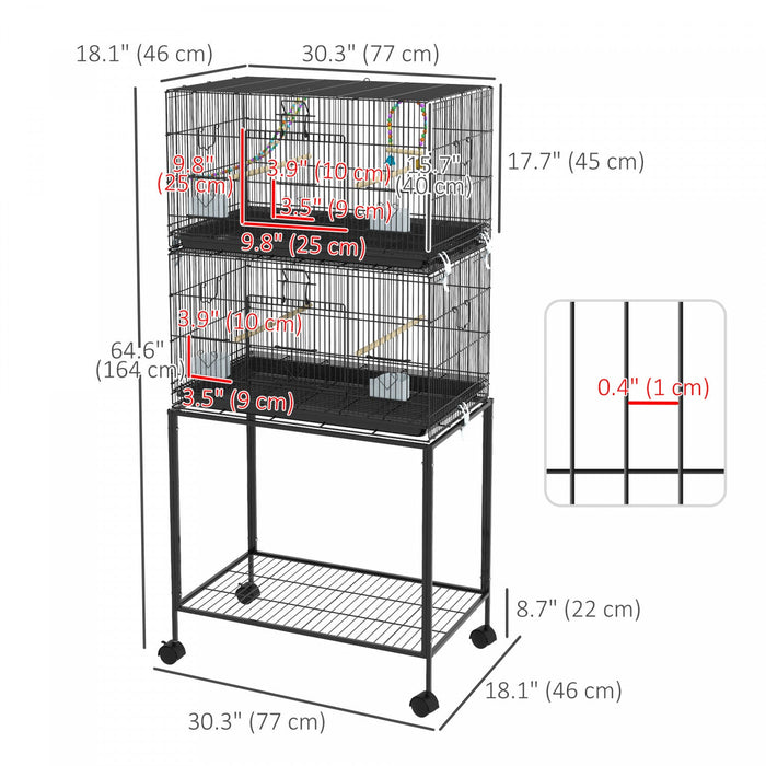 Pawhut Birdcage For Canaries, Lovebirds Finches, Budgie Cage With Wheels, Removable Tray, Bottom Mesh Panel, Wooden Perches, Swing, Ramp, Food Containers, 30" L X 18" W X 65" H