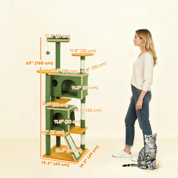 PawHut 63" Cat Tree, Cat Tower for Indoor Cats with Scratching Posts, Cat Condos, Bed, Platforms, Ramp, Toy Ball, Cat Activity Center, Green