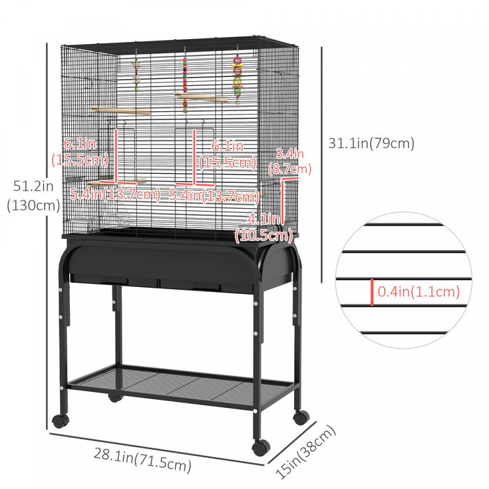 Pawhut 51\" Bird Cage For Budgies Canaries Finches Lovebirds Parakeets With Rolling Stand, Toys, Blac