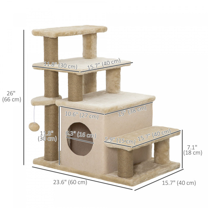 Pawhut Adjustable Height Cat Stairs With Jute Scratching Posts, Cat House For Cozy Rest, Pet Steps F